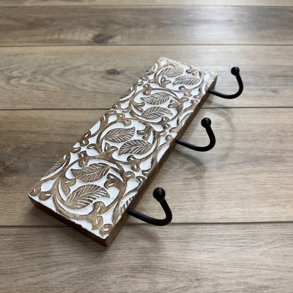Carved Wood Wall Hook Rack 3 Hooks White Wash Boho Botanical Leaf 12 Inch